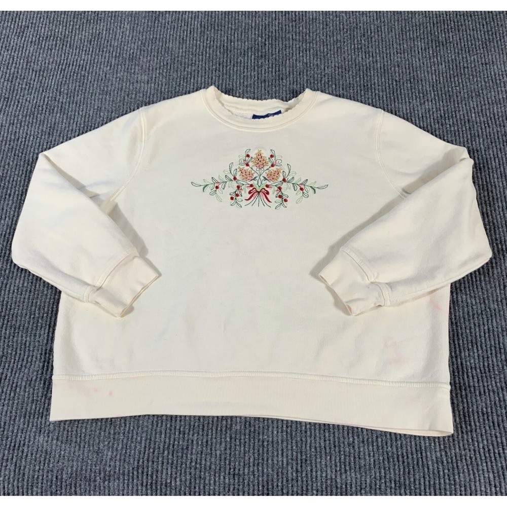 VTG Basic Editions Sweatshirt Womens XL White Pullover Embroidered Holiday 90s